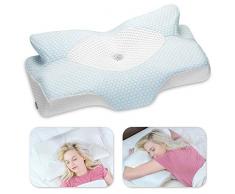 Elviros Cuscino in Memory Foam Ortopedico Cervicale per Dolore al Collo Cuscino Ergonomico per Dolore alla Spalla Cuscino di Sostegno del Collo, Blu,64 x 12,5/10,5 x 38 cm