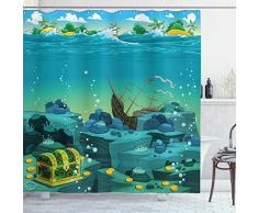ABAKUHAUS Cartone Animato Tenda da Doccia, Affondata Nave Pirata Bambini, Tessuto Set di Decorazioni per Il Bagno con Ganci, per la Vasca da Bagno, 175 cm x 200 cm, Teal e Giallo