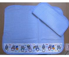 Set Colazione per Asilo Tovaglietta cm 38x48 Tovagliolo cm 30x30. Cotone 100%. Con balza Gufetti applicata