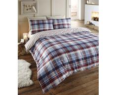 Angus, Trapunta Copripiumino Matrimoniale di flanella e set 2;federe per letto dimensione King, set biancheria da letto, con motivo scozzese blu rosso/bianco/navy