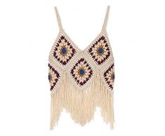 Canotta Estiva Da Donna AllUncinetto - Sexy Multicolor Plaid Crop Top Donne, Uncinetto Boho Nappe Hem Camisoles, Ladies Knitted Bra Tops Beachwear, Seaside Travel Vacation Beachless Suspenders, Alb