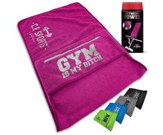 C.P. SPORTS - Asciugamano fitness in microfibra, fissaggio + borsa con chiusura lampo, per palestra, allenamento, sport, extra morbido, lavabile, lungo e grande, unisex, colore: rosa