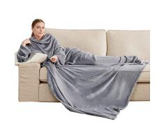 Bedsure Coperta Pile con Le Maniche -Coperta Indossabile 170x200 Grigio, Plaid Flanella Divano con Le Maniche Morido e Caldo in Microfibra