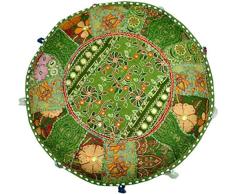 Aakriti Gallery - Copri pouf rotondo in stile etnico, rivestimento decorativo indiano in cotone ricamato per poggiapiedi, ottomana, cuscino - Solo fodera (56 x 35,5 cm) Green