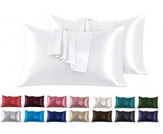 Set di 2 Federe in Raso 50 x 80 cm Bianco, Federa Cuscino Letto Morbida e Setosa al Tatto, Chiusura a Busta, Antiacaro e Ipoallergico, Protezione Capelli e Pelle & Antirughe