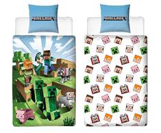 Character World - Set biancheria da letto Minecraft double-face, 100% cotone, copripiumino: 135 cm x 200 cm e federa: 80 cm x 80 cm, fantasia: blocchi di TNT e la battaglia con i picconi, multicolore