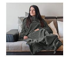 HOMELEVEL Coperta con Maniche Lunghe - Plaid Invernale Braccia Coperte - Poncho Caldo in Pile - Coperta Divano 150x200cm - Tessuto Morbido - Grigio