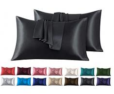 Set di 2 Federe in Raso 50 x 80 cm Nero, Federa Cuscino Letto Morbida e Setosa al Tatto, Chiusura a Busta, Antiacaro e Ipoallergico, Protezione Capelli e Pelle & Antirughe