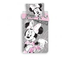 JF Disney - Biancheria da letto double-face, motivo: Minnie Mouse. 140 x 200 cm, cuscino 70 x 90 cm, 100% cotone, colore: grigio/rosa.