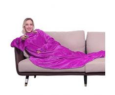 Winthome Coperta con Maniche, Coperte Pile Morbida e Calda, Coperta Indossabile con Velcro e Bande Elastiche, Coperte per Regali, Invernali, Risparmio sui Costi di Riscaldamento (Viola, 140x170cm)