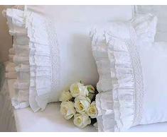 Meaning4 2 federe in pizzo bianco con volant in cotone egiziano, 50 x 90 cm, king size, federe per cuscino di lusso principessa