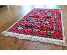Tappeto di Arte damascata, 65 cm x 120 cm, Rosa, Fucsia, Rosa, Verde, Bianco, Arancione, Kelim Orient, da Parete, Carpet, rug, Lavabile, Realizzato a Mano RS 1-2-30
