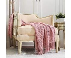 CREVENT Coperta decorativa in tinta unita, morbida, lavorata a maglia, con frange per ragazze, morbida e calda, leggera, per la primavera estate (127 x 152 cm, rosa polveroso/corallo)