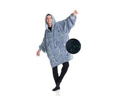 KANGURU Coperta Felpa Hoodie Oversize GLOW STELLE con cappuccio, felpa, coperta con maniche, felpa coperta in pile 100% MICROFIBRA, azzurra, taglia oversize per adulti, poncho, felpa plaid