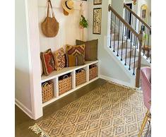 120 x 180 cm Tappeto in juta vintage riciclato con ricamo a mano e frange - Tappeto decorativo Boho Chic - Elemento decorativo per te soggiorno, camera da letto, patio o camera dei bambini