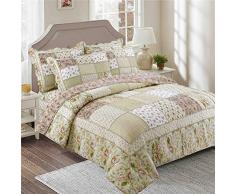 Copriletto Trapuntato Patchwork Copriletto Shabby Chic Verde Rosa con Stampa Floreale Federa Trapunta Matrimoniale King Size Set Biancheria da Letto, 230 x 250 cm