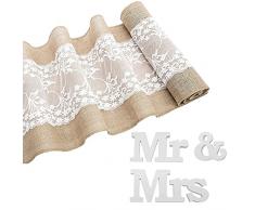 DURANTEY Runner Juta e Pizzo Runner da Tavolo Juta Runner Tavolo Eleganti Runner da Tavolo in Tela di Juta 30 cm x 275 cm Runner Juta e per Feste di Festival Nozze, con Mr & Mrs Accessori Decorativi