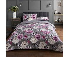 Sleepdown Inky Floral Grey - Set di Biancheria da Letto con Copripiumino Double-Face, 200 x 200 cm + 2 federe 80 x 80 cm, Policotone, 200 x 200 cm + 2 x 80 x 80 cm