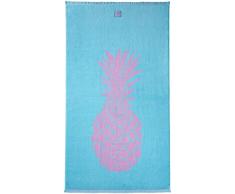 Cottera® Asciugamano da spiaggia con ananas, 100 x 180 cm, grande, turchese, rosa, telo mare XXL, in 100% cotone, certificato, prodotto in Portogallo
