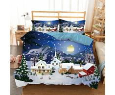 Meimall Copripiumino Letto Matrimoniale - Natale Case Neve Luna 140X200 Cm Set Copripiumone Matrimoniale con Federa Microfibra Traspirante Antirughe Biancheria da Letto Camera da Letto per Bambini