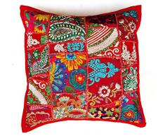 Rastogi Handicrafts - Cuscino patchwork fatto a mano, motivo patchwork, cuscino indiano etnico ricamato, colore: rosso