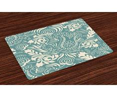 ABAKUHAUS Floreale Tovaglietta Americana Set di 4, Marrakech Paisley, Tovagliette in Tessuto Lavabile per Tavolo da Pranzo Cena, Verde Acqua e Beige