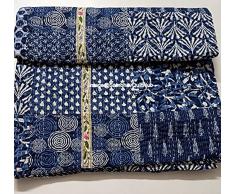 Sambhav Quilt Hub Coperta trapuntata a mano in cotone con stampa indaco, realizzata a mano, con stampa indaco e scritta Beork Boemia, per letto matrimoniale, king e regina (150 x 200 cm)