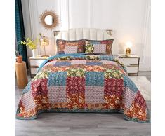 Unimall Copriletto Trapuntato SET Copriletto Patchwork Matrimoniale Copriletto Trapunta in Puro Cotone con Due Federe (240_x_260_cm)