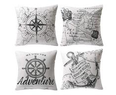 Gspirit federe Oceano Serie Bussola Carta geografica Ancora Navigazione 4 Pack Cuscini per divani Decorativo Cotone Biancheria Cuscino copricuscini Divano Caso Federa per Cuscino 45x45 cm