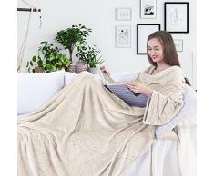 DecoKing Coperta per TV in Microfibra con Maniche e Tasca Morbido Poliestere Crema 170 x 200 cm
