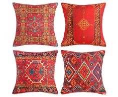 Confezione di 4 Cuscini Divano Tribali Orientali Decorativi in Cotone e Lino federe 40x40 cm Stampa Motivo Tappeto Turco Boho Fodera per Cuscino per Cuscino Divano Sedia Red