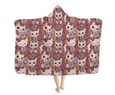 HUGS IDEA Coperta per gatti con cappello, autunno inverno, morbida e accogliente da indossare a casa, vintage fiore rosa fiore cartone animato gatto modello ragazze donne felpa con cappuccio Throw-M