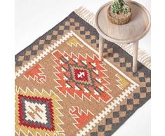 HOMESCAPES Jaipur - Tappeto Kilim intrecciato a mano, in lana, motivo tradizionale, marrone, arancione e grigio, con nappe con frange per soggiorno, 160 x 230 cm
