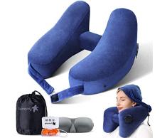 Sunany Cuscino da Viaggio, Cuscino da Viaggio Collo per Aereo, Cuscino da Viaggio Gonfiabile con Cappello, Sacca Portatile con Coulisse, Mascherina 3D per gli Occhi e Tappi per le Orecchie (Blu)