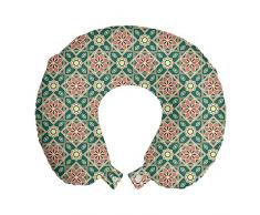 ABAKUHAUS Orientale Cuscino da Viaggio, Mosaico Florets Chevron, Accessorio in Schiuma di Memoria per Viaggio, 30 cm x 30 cm, Forest Green Rosa Pallido