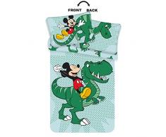Lenzuola Dinosauro lettino verde - Biancheria da letto per bambini dinosauro Disney con Topolino - Lenzuolo reversibile dinosauro per culla - Completo letto Topolino misura 100 x 135 cm, 40 x 60 cm