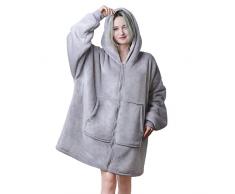 Queenshin Oversized Felpa Coperta Indossabile con Cappuccio in Pile Sherpa, Coperta con Maniche Super Morbida e Calda per Adolescenti Adulti, Taglia Unica, Gris