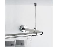 Gedy cromata, reggitenda Doccia, Misure: 0,5X150X2 CM, Altezza Regolabile Fino 150cm, Cavo Tenda in Acciaio, Supporto a soffitto con Finitura, Design R&S, 2 Anni di Garanzia, Unica