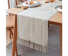 Runner da tavolo in lino rustico con nappe fatte a mano, stile fattoria ricamato, lunghezza 183 cm, per decorazioni per feste e sala da pranzo, 33 x 182 cm (marrone, 240 x 33 cm)