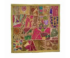 Rastogi Handicrafts - Cuscino patchwork fatto a mano, con patch di sari, cuscino etnico indiano, ricamato, patchwork sari (marrone)