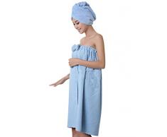 Telo da bagno in microfibra per donna, con turbante per capelli - Asciugamano avvolgente tipo pareo, per spiaggia e piscina blu OneSize