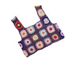 Donne Spiaggia Senza Maniche Crop Tank Top A Mano Scava Fuori Uncinetto Maglia Mini Vest Boho Colorful Plaid Floreali, Viola, S/XL
