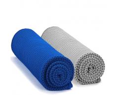 Donfri Asciugamano rinfrescante in microfibra, 110 x 30 cm, ultra leggero, per fitness, da golf, sport, yoga, spiaggia e da viaggio, set da 2 (blu e grigio)