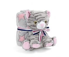 PERLETTI Coperta Neonato con Gatto Peluche Morbida Calda 120x80 - Mussola Bimbo Bimba 0 1 2 3 Anni Pupazzo - Plaid Invernale Bambini Bambine - Copertina Rosa Grigio Soffice con Fiocchetto (Gatto)