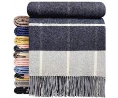 Coperta in cashmere, 100% lana, 140 x 200 cm, coperta a quadri, molto morbida, plaid “Faro”, Lana, Grigio scuro (Karo), 140 x 200 cm