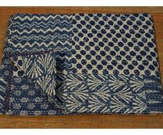 Indigo mano Block stampa Kantha trapunta, dimensione doppia Patchwork, Copriletto in cotone, realizzato da Tribal Asian Textiles