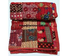 Red Indian Patchwork Decor Old Vintage Queen/King Size Ricamo Kantha Quilt Home Decorative Khambadiya Kantha Trapunta Kantha Copriletto indiano Trapunta con 2 cuscini