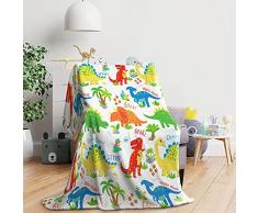 Happy Linen Company Plaid - Fantasia con Dinosauri - Pile Effetto Pelliccia Sintetica - Large - Bianco
