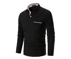 STTLZMC Uomo Plaid Polo Maniche Lunghe Basic Maglie Golf Casual T-Shirt Gentiluomo S-XXL,Nero,M