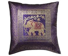 Commercio Equo e Solidale Cuscino in Cotone Indiano Brocade Lavoro Elephant Cover 100%_Cotone/Cotone, Purple, 45 x 45cm